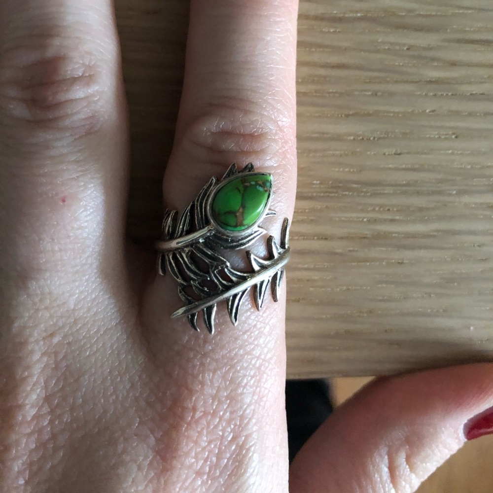 Green Turquoise Silver Leaf Ring - image 2